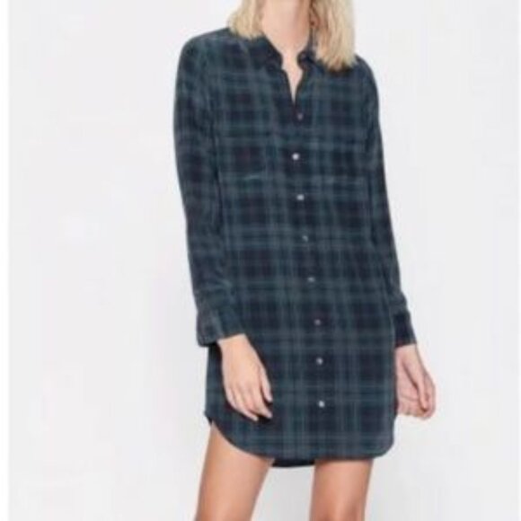 Equipment Plaid Long Sleeve Dress - Dark Green and Black - Picture 1 of 7